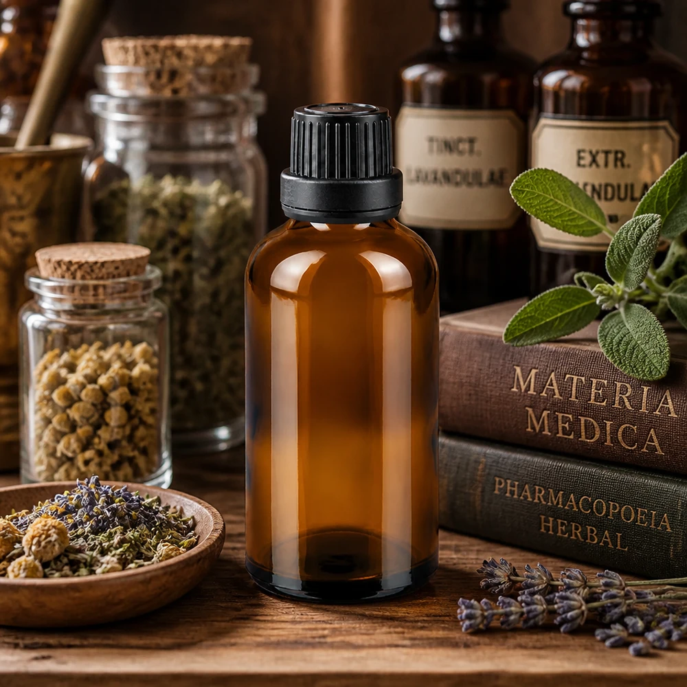 En 50 ml brun apotekerflaske mellem Materia Medica-bøger og tørrede urter på et træbord