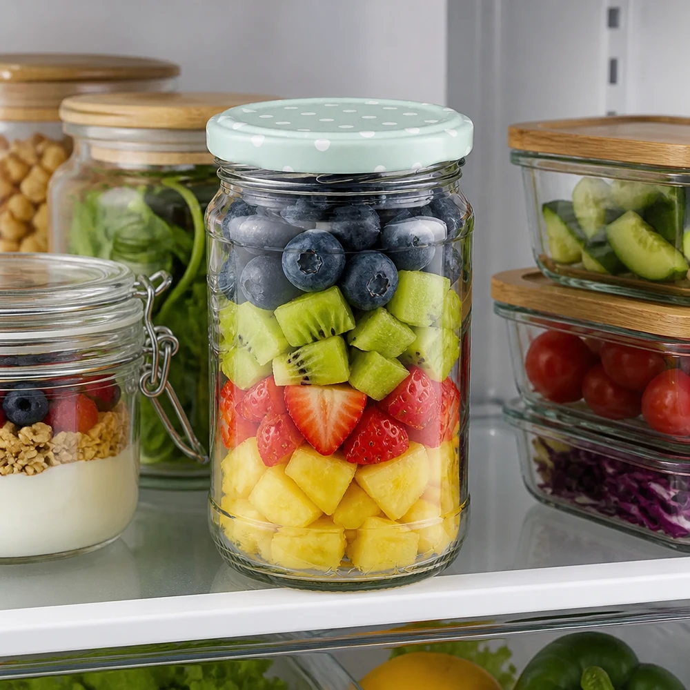 370 ml rundt glas + BasicSeal-prikker, mint, mat, UNiTWIST 370 ml UNiTWIST-rundglas fyldt med frugt og med et mintgrønt BasicSeal-låg med prikker i køleskabet