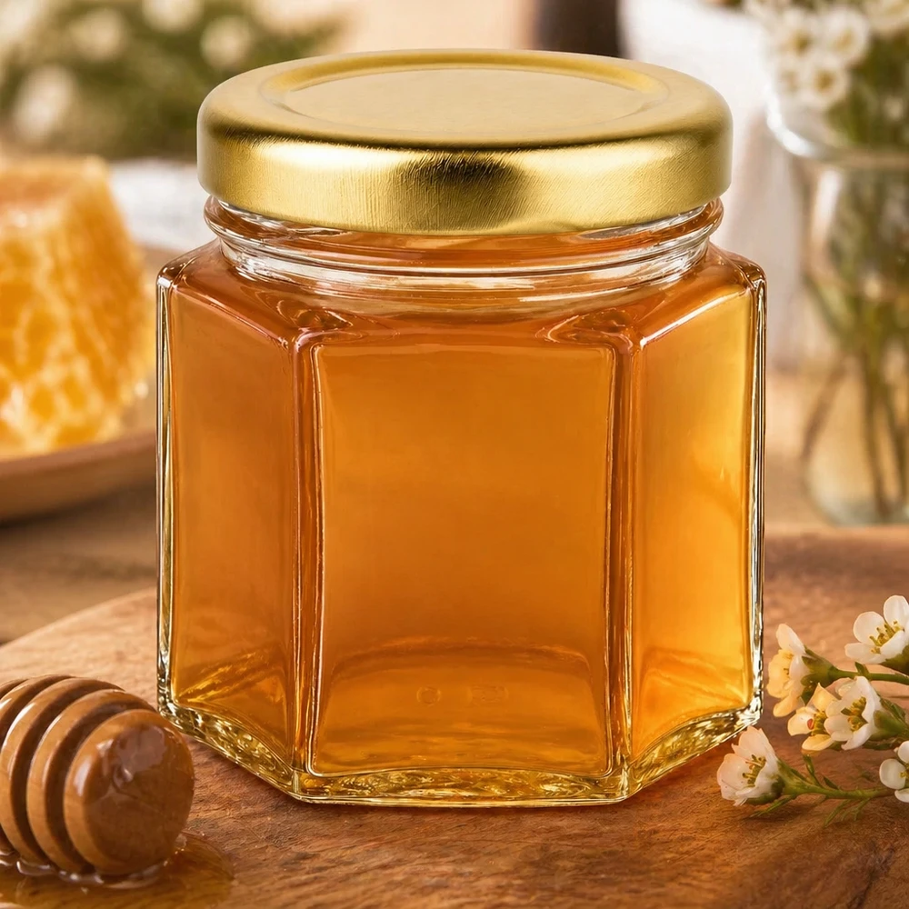 60 g honningglas med gyldent låg BasicSeal UNiTWIST 60g Honigglas gefüllt mit goldenem Honig neben Holzlöffel und Blüten auf rustikalem Holztisch dekoriert
