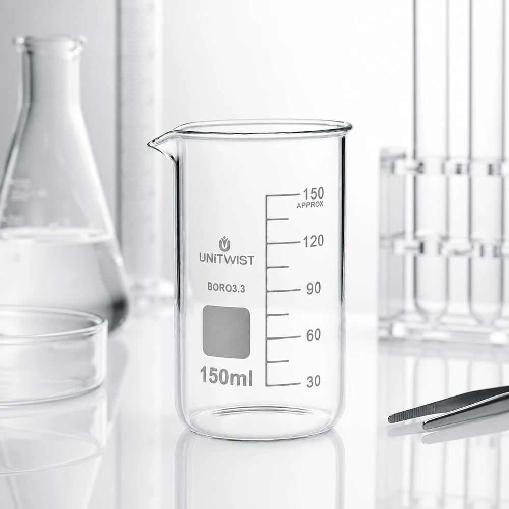 Bæger 150 ml borosilikat, høj form UNITWIST UNITWIST måleglas 150 ml, høj model, borosilikatglas 3.3, med tud og skala på hvid baggrund