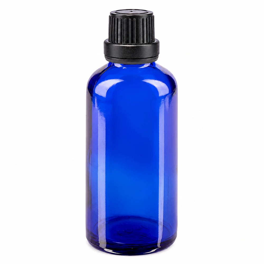 50 ml blå apotekerflaske af glas med sort skruelåg, 11 mm