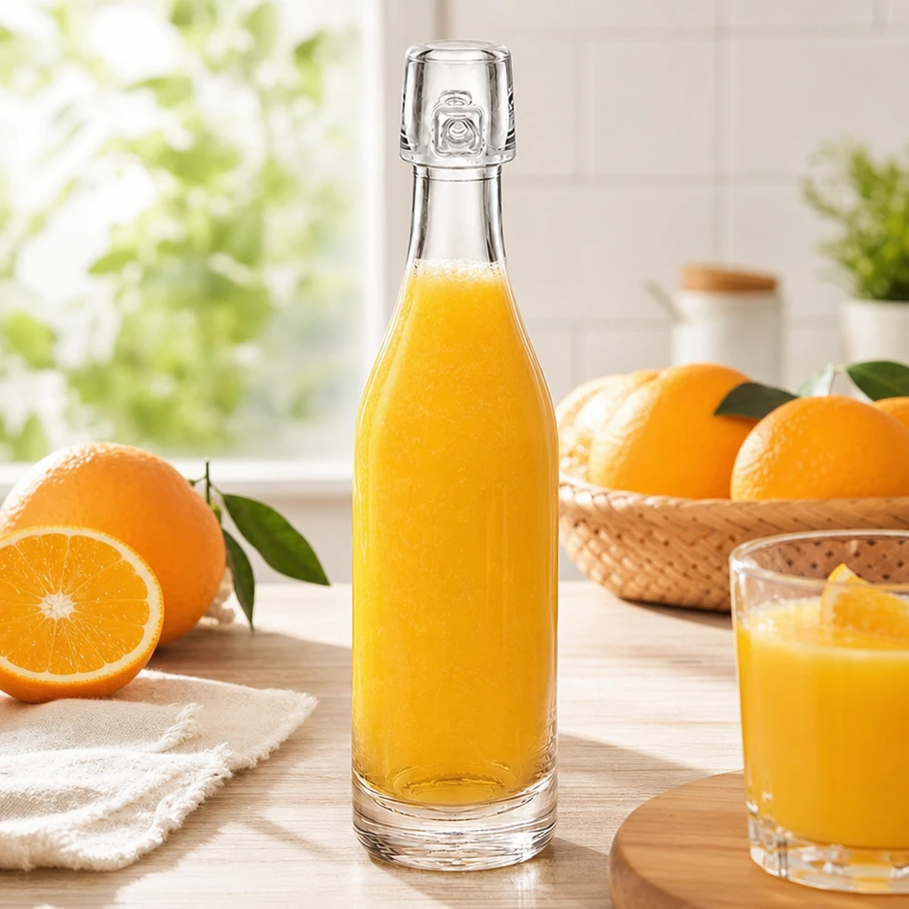 50 ml glasflaske uden skruelåg UNiTWIST 50 ml glasflaske UNiTWIST fyldt med appelsinjuice mellem friske appelsiner lyst køkkenvindueslys