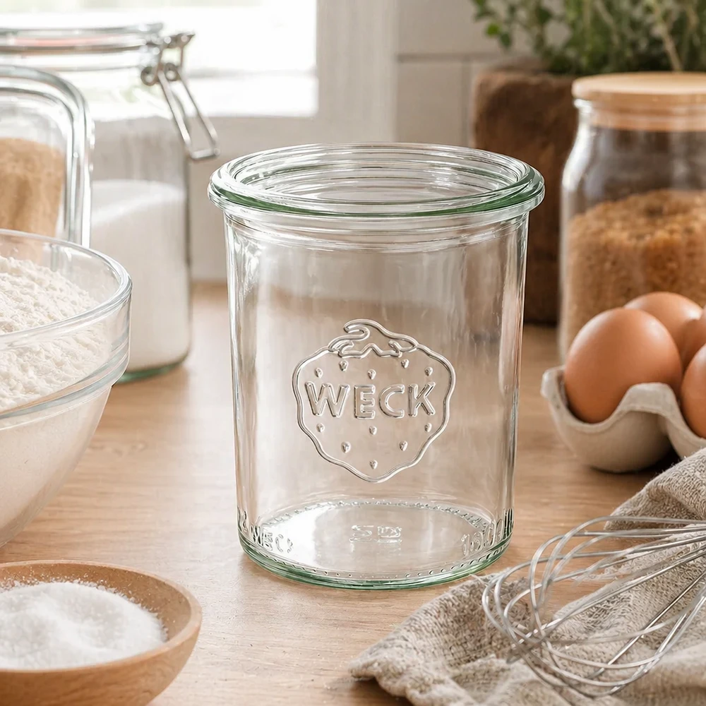 160 ml Briller WECK RR60 160 ml WECK RR60 klar glaskrukke med logo i et moderne køkken ved siden af æg og bageingredienser