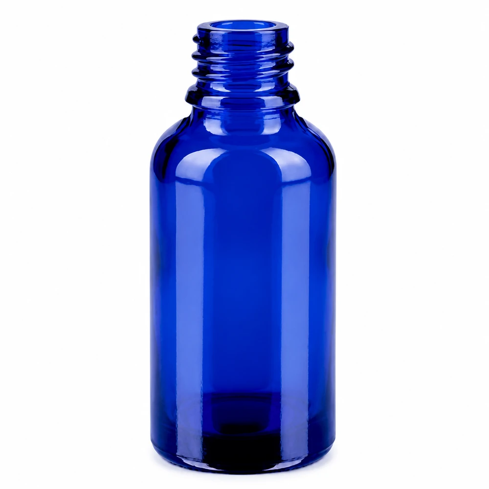 30 ml flaske 11 mm SV grøn OV BlueLine UT18/30 Blå glasflaske 30 ml med 11 mm åbning og grøn hætte til aromaterapi