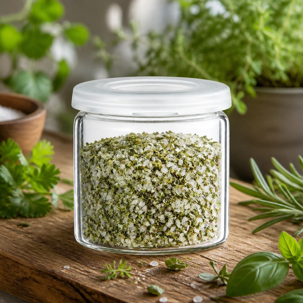 Idé til krydderikrukke: 5 ml tabletkrukke (krukke med rullet kant) i klart glas Krydderiglas i klart glas med en krydderisaltblanding af grønne urter og groft salt, med hvidt låg