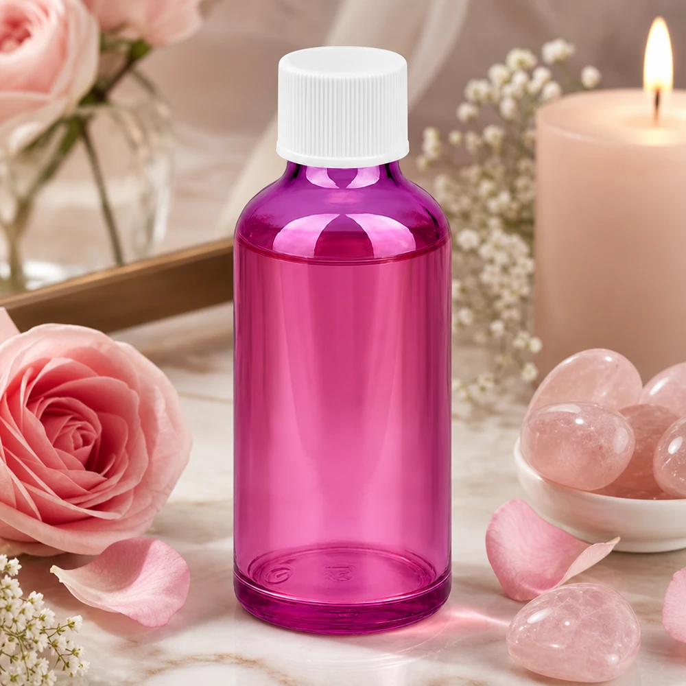 50 ml flaske 11 mm skruelåg hvid standard PurpleLine UT18/50 50 ml apotekerflaske i elegant violet glas med praktisk skruelåg til aromaterapi