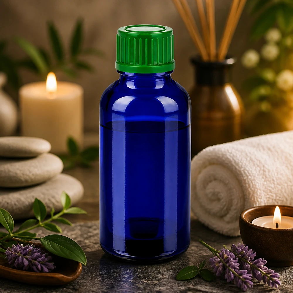 30 ml flaske 11 mm SV grøn STD BlueLine UT18/30 Elegant blå glasflaske 30 ml med struktureret grøn hætte til olier af høj kvalitet