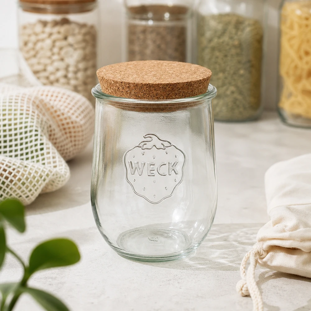 1062 ml tulipankrukke WECK RR100 med kork natur WECK konservesglas RR100 1062ml med korklåg i bæredygtigt zero-waste køkken mellem opbevaringsbeholdere