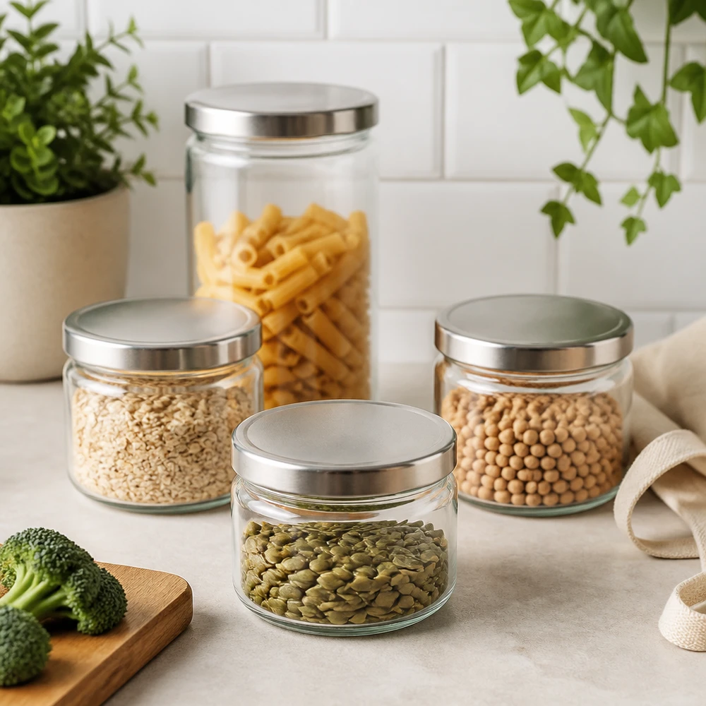 330 ml rund krukke med BasicSeal-låg sølv UNiTWIST 330 ml rund krukke med BasicSeal-låg i moderne køkkenscene med pasta linser kikærter græskarkerner opbevaringskrukke sæt