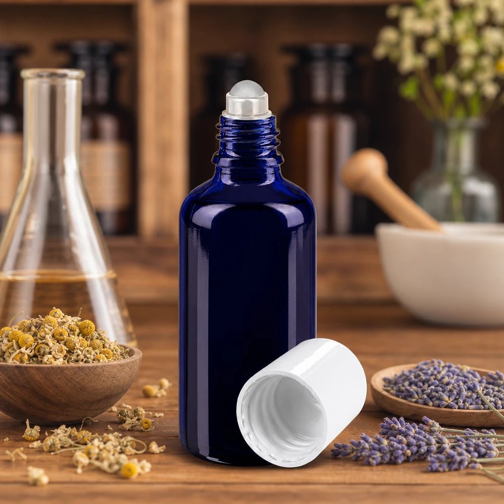 Blå apotekerflaske på 50 ml med rulleapplikator og hvidt låg, omgivet af lavendel- og kamilleblomster