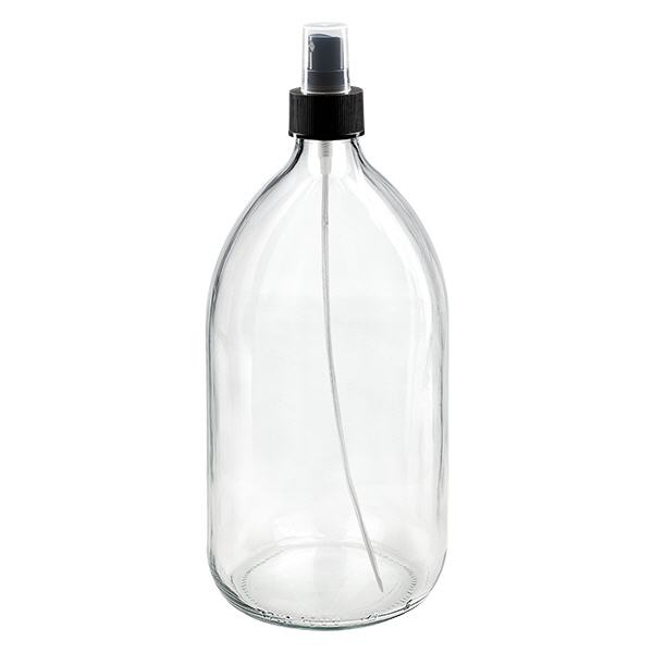 1000 ml medicinflaske klar, med pumpesprøjte i sort ApoGlas. Farmaceutisk kvalitet fra EU-produktion. 28 mm (PP28) gevind. (sirup, let glasflaske)