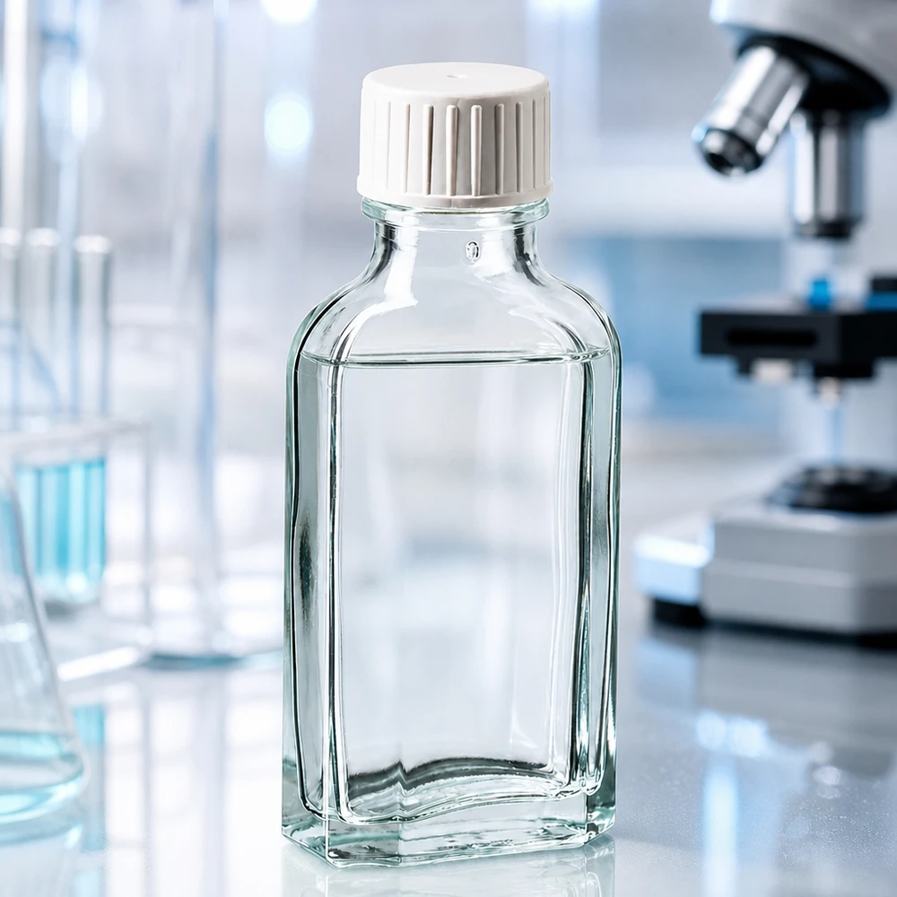 50 ml Meplat klart skruelåg med hældering Rektangulær laboratorieflaske på 50 ml af klart borosilikatglas med hvid skruelåg