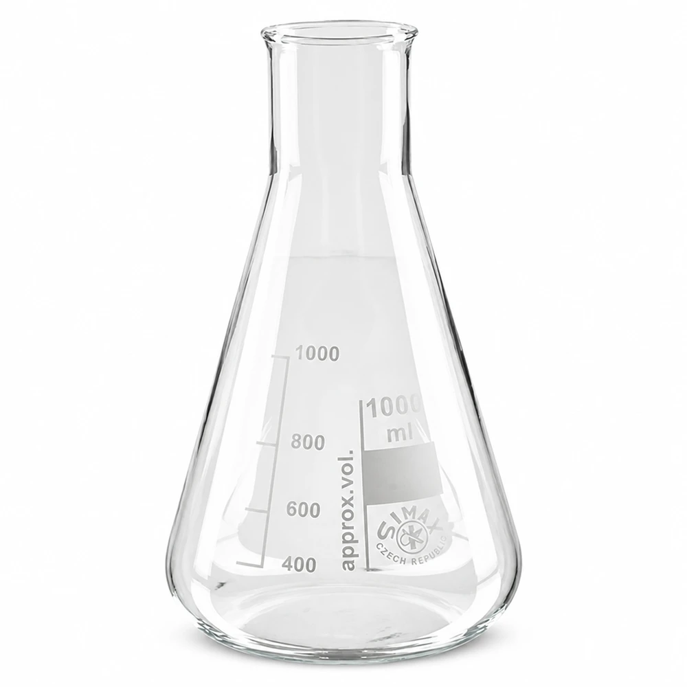 Erlenmeyer-kolbe 100 ml med bred hals Erlenmeyer-kolbe 100 ml med bred hals lavet af borosilikatglas til laboratoriebrug