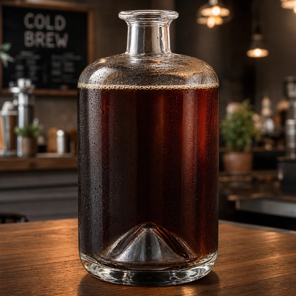 700 ml apoteksflaske »Sofia« uden lukning UNiTWIST® Glasflasche Sofia 700ml mit Cold Brew Kaffee befüllt in Café-Atmosphäre zeigt vielseitige Getränke-Verwendung