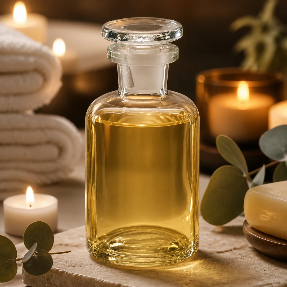 Rund skulderflaske 50 ml klar glasprop med smal hals Glasflaske med runde skuldre, 50 ml, klar, med glasprop, i spa-stemning med stearinlys og eukalyptus