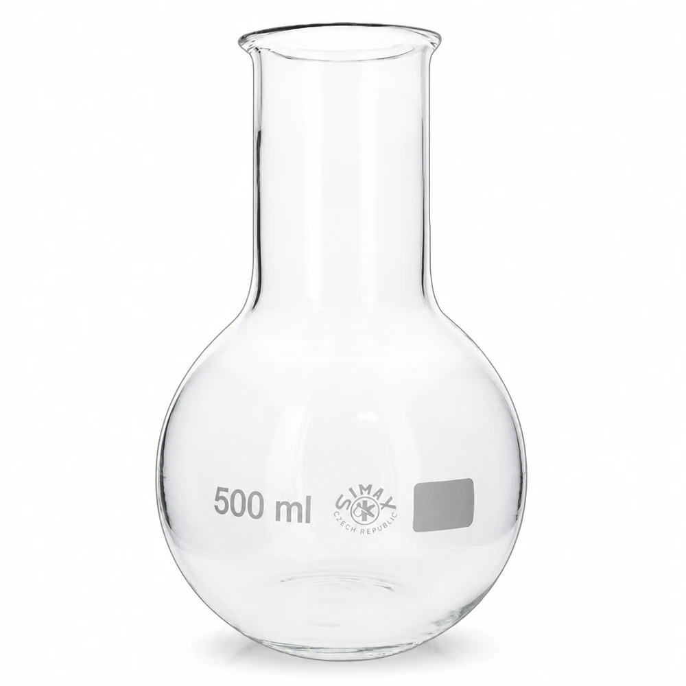 Lommelærke 500 ml med bred hals Stående kolbe 500 ml med bred hals lavet af klart borosilikatglas til laboratoriebrug