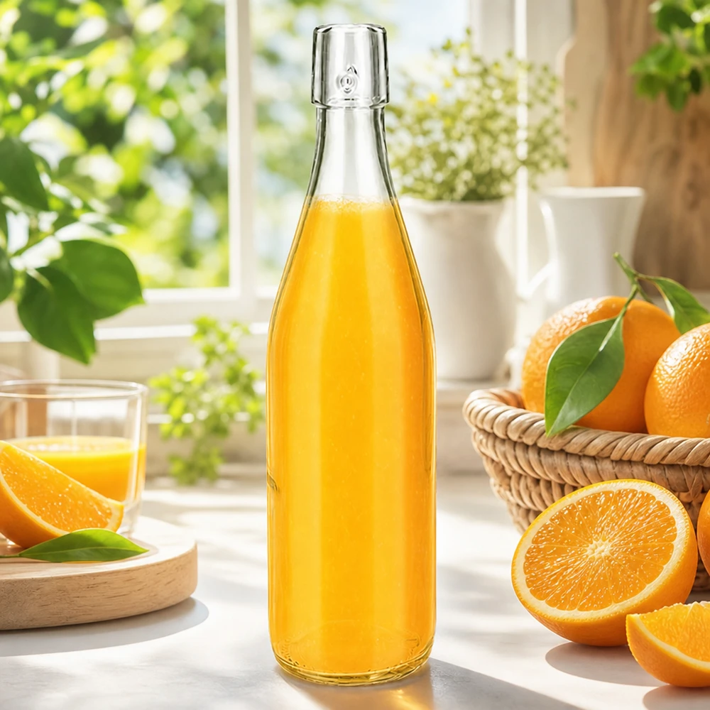 500 ml glasflaske uden skruelåg UNiTWIST 500ml UNiTWIST Glasflasche mit frischem Orangensaft auf sonniger Fensterbank mit Orangen und Glas im Landhausstil