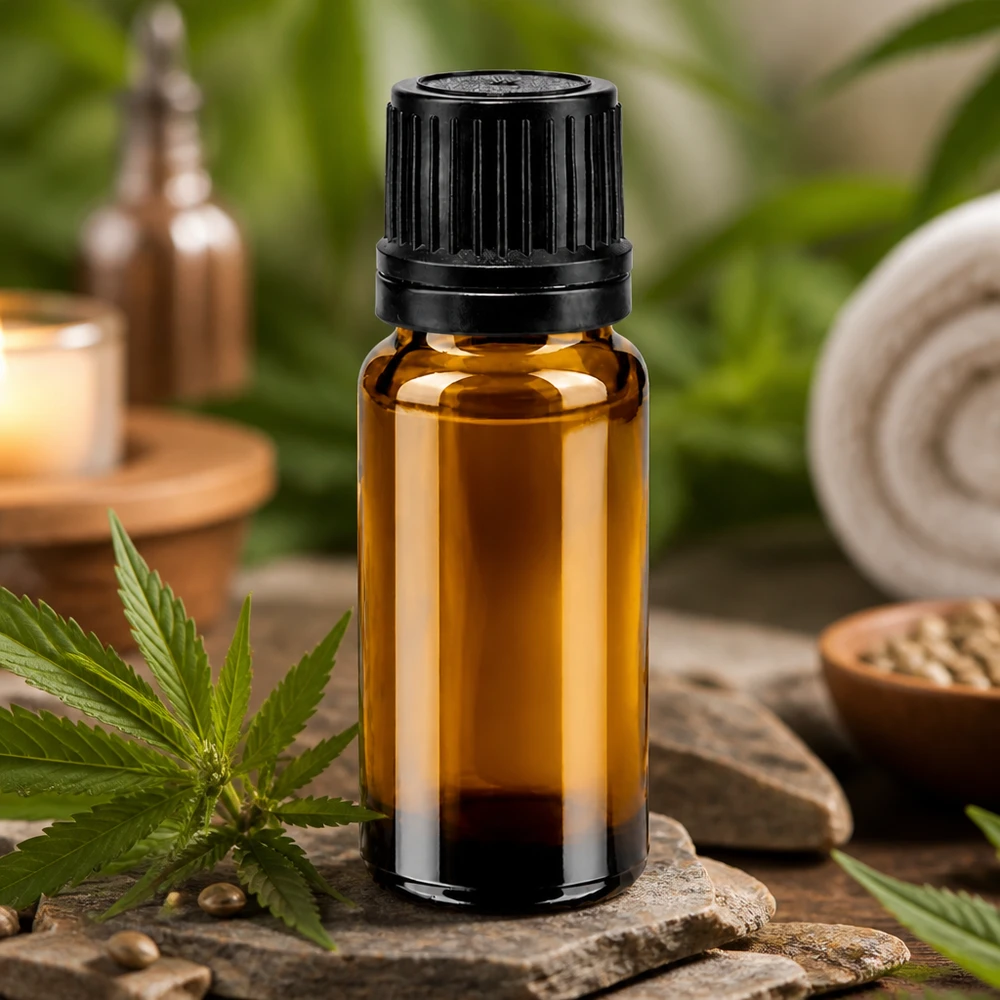 Apoteksflaske brun 10ml dryp v. Pr. 1mm sort OV Brun 10 ml dråbeflaske af apotekerglas med sort OV-lukning mellem cannabisblade