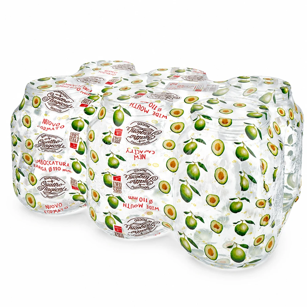 3000 ml husholdningsglas "Quattro Stagioni" To 3000 ml Quattro Stagioni husholdningsglas med avocadomønster og skruelåg til konservering og opbevaring.