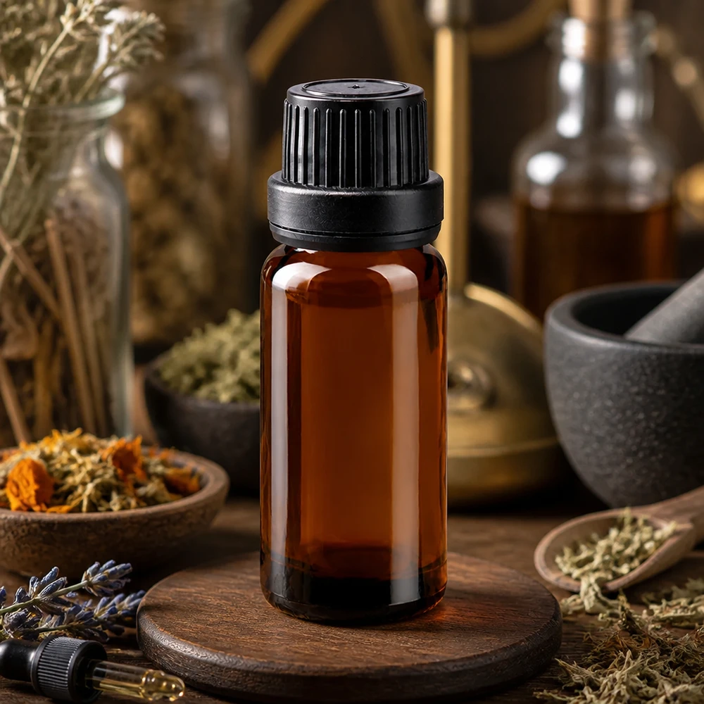 En ravfarvet glasflaske på 10 ml med sort børnesikret låg og urter i baggrunden