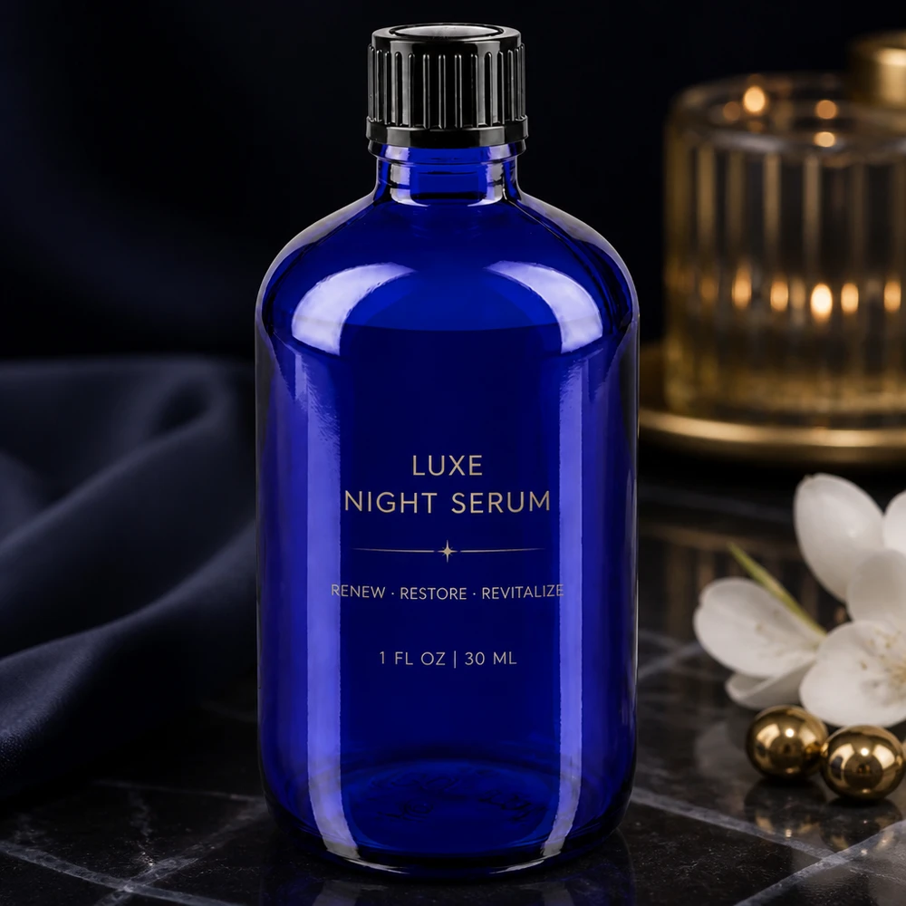 Apoteksflaske blå 100ml skruelåg sort pc Blå glasflaske på 100 ml med sort skruelåg, der fungerer som serumflaske i et luksuriøst design
