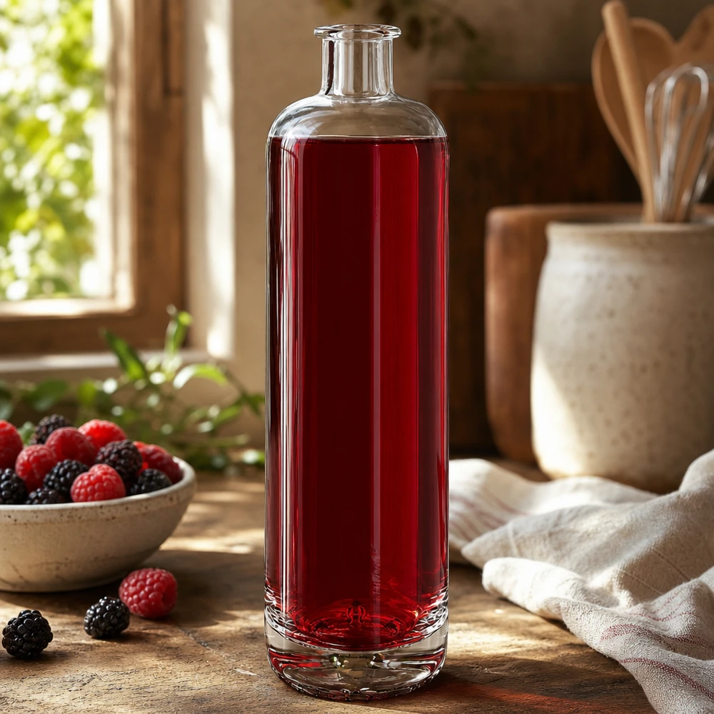 700 ml glasflaske »Ella« uden lukning UNiTWIST® 700 ml glasflaske Ella fyldt med rød bærsaft ved siden af friske hindbær og brombær i et rustikt køkken