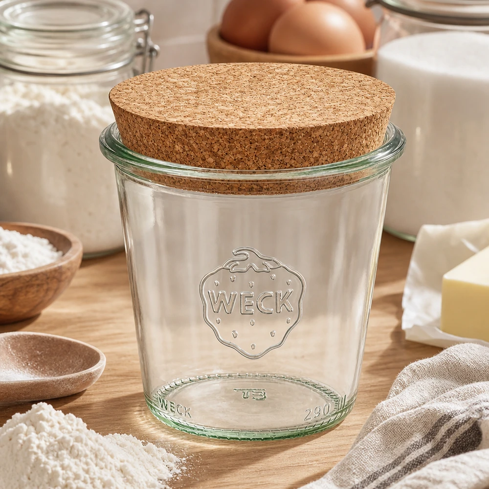 290 ml høje Briller WECK RR80 med kork natur WECK-bægre 290 ml RR80 med korklåg i køkkenet omgivet af bageingredienser mel æg og mælk på en træbase