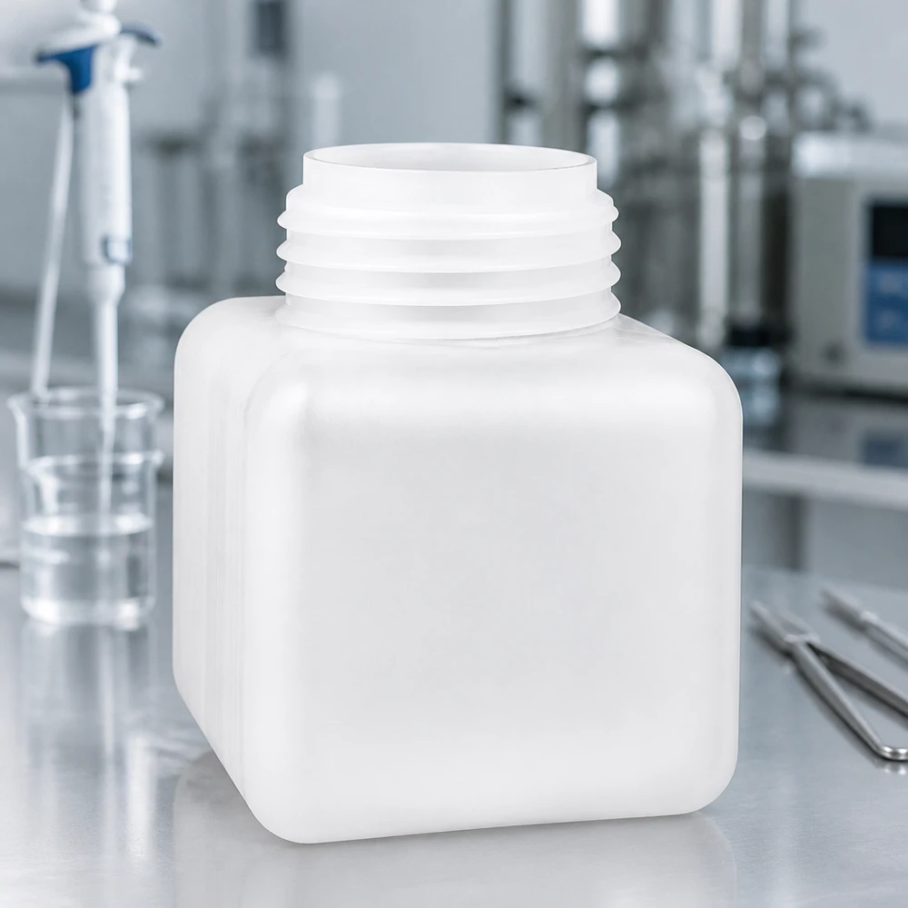 Kvadratisk 500 ml flaske med bred hals i naturfarvet PE-HD til kemikalier og laboratorieprøver
