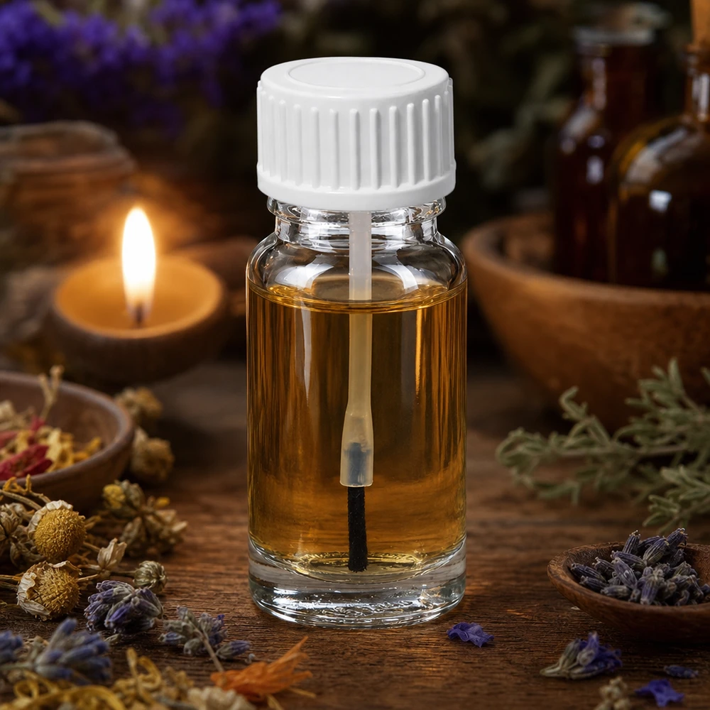 10 ml børsteflaske hvid STD ClearLine UT18/10 Penselflaske på 10 ml med guldfarvet olie, penselapplikator og hvid prop på et træbord