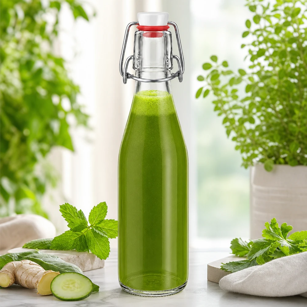 250 ml glasflaske og hængelåg i PVC UNiTWIST 250 ml glasflaske med svingtop fyldt med grøn smoothie, ingefær agurk mynte urter naturlige ingredienser