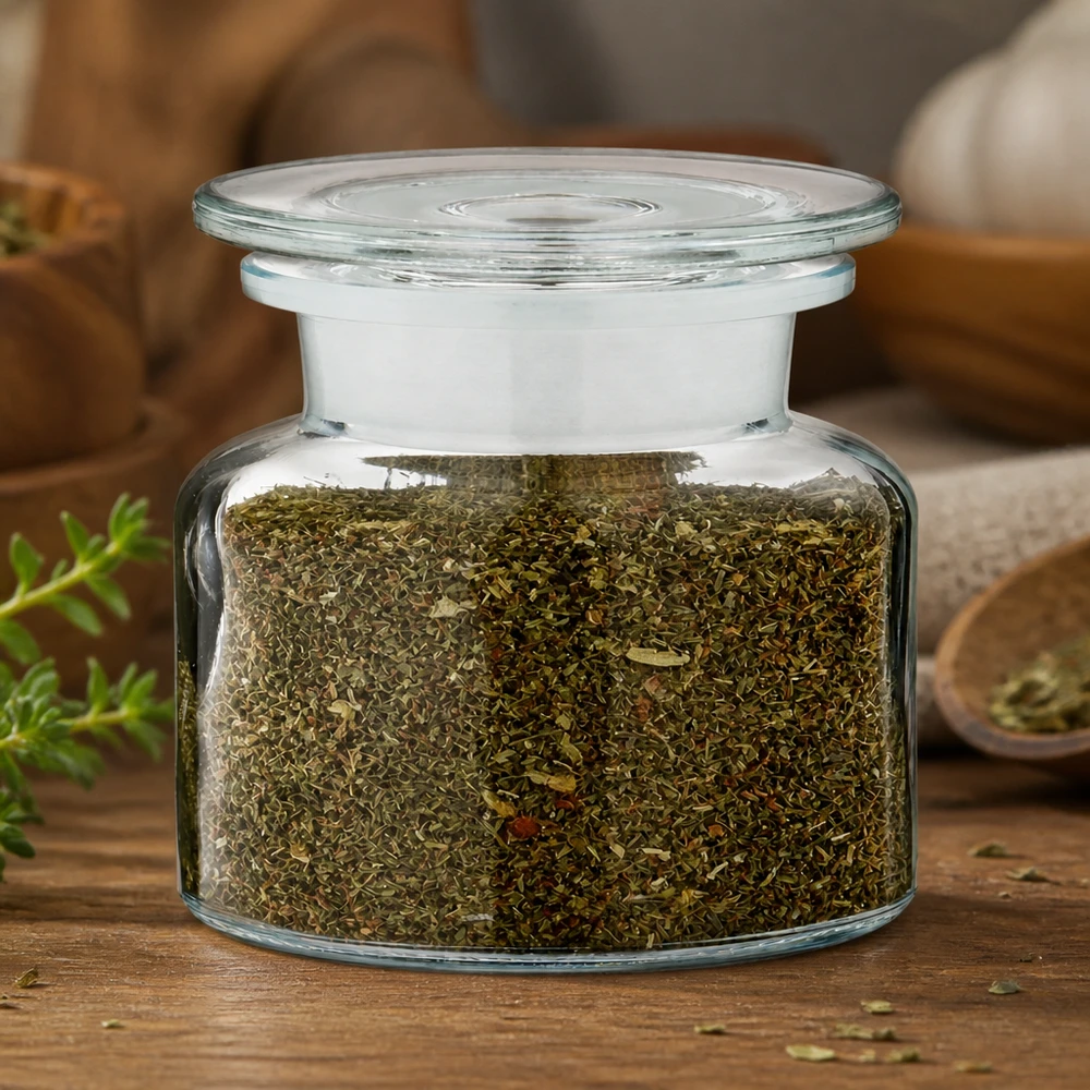Lille krydderiglas på 100 ml fyldt med tørret oregano og med lufttæt glaslåg