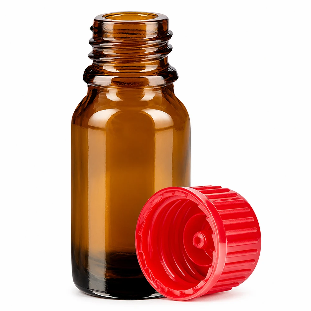 10 ml flaske 11 mm SV rød STD BrownLine UT18/10 Lille 10 ml glasflaske i brun med rød hætte til præcis dosering af væsker