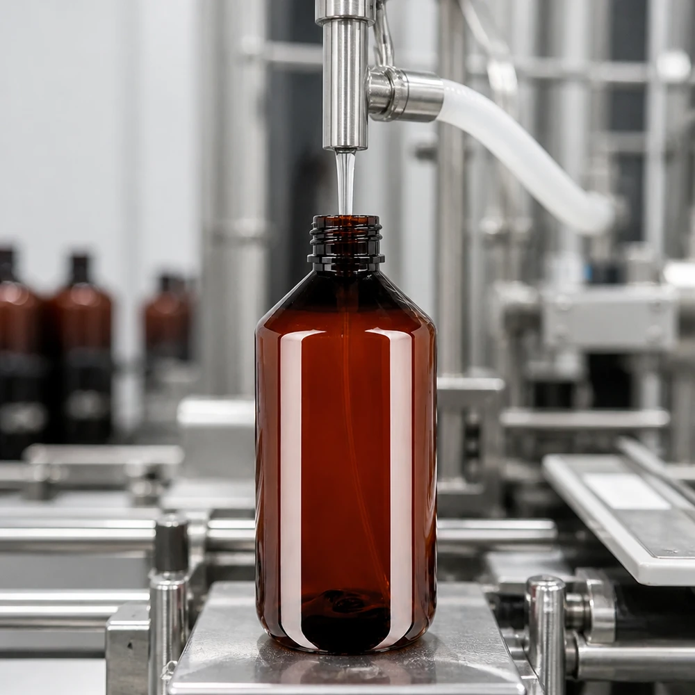 PET-flaske 750 ml med forstøver sort Automatisk påfyldningsanlæg fylder brune 750 ml PET-flasker til produktion af forstøvere