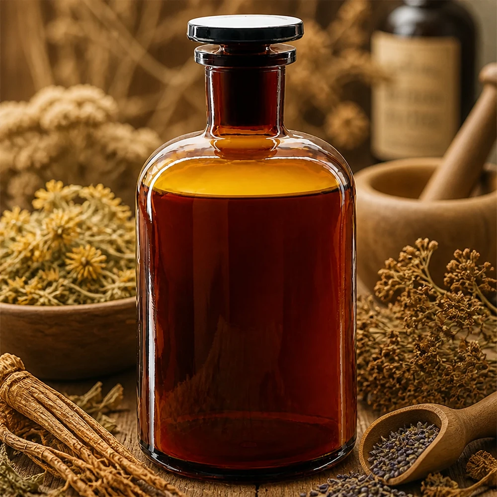 Rund skulderflaske 500 ml brun glasprop med smal hals Rundskulderflaske af brunt glas, 500 ml, med smal hals og prop, omgivet af lægeurter og naturprodukter