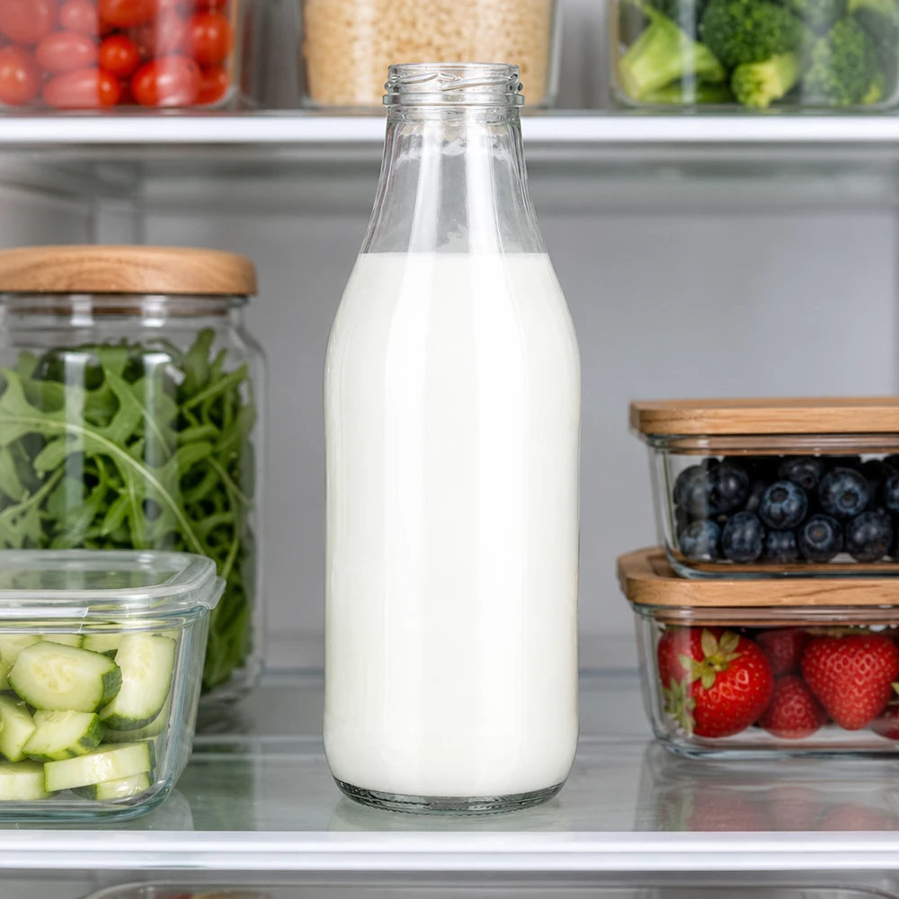 1000 ml glasflaske uden låg (TO48) UNiTWIST. Absolut lækagesikker med stor åbning. Til mælk, juice og limonade. Kræver TO48-låg Milchflasche 1000ml Glas TO48 UNiTWIST mit frischer Milch im Kühlschrank neben Obst und Gemüse Kücheneinsatz