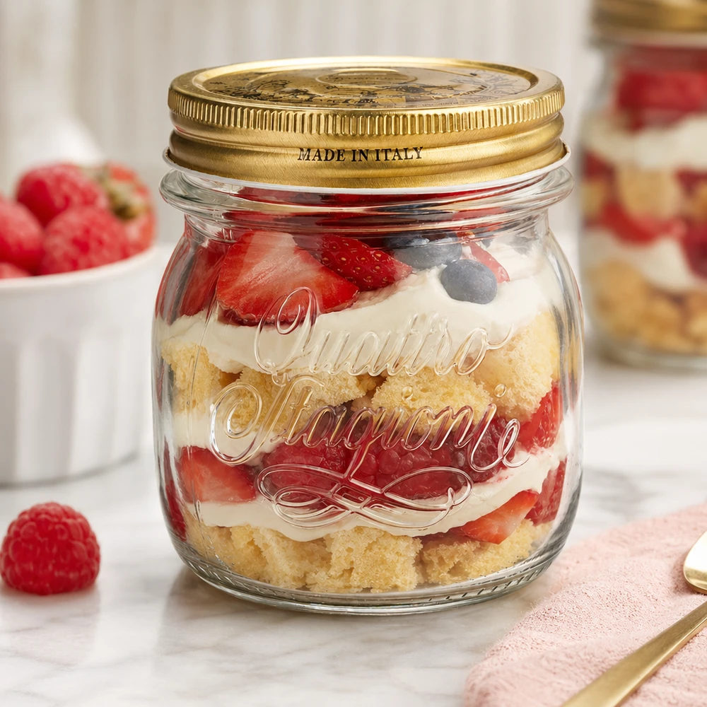 250 ml rundt glas "Quattro Stagioni" med låg 250 ml rundt glas Quattro Stagioni med gyldent låg fyldt med en lagdelt dessert af jordbær og fløde Fremstillet i Italien