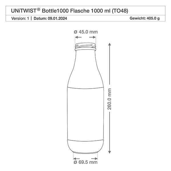 1000 ml glasflaske uden låg (TO48) UNiTWIST. Absolut lækagesikker med stor åbning. Til mælk, juice og limonade. Kræver TO48-låg Teknisk tegning 1000 ml UNiTWIST-glasflaske med målene 260 mm højde 45 mm halsåbning TO48-gevind