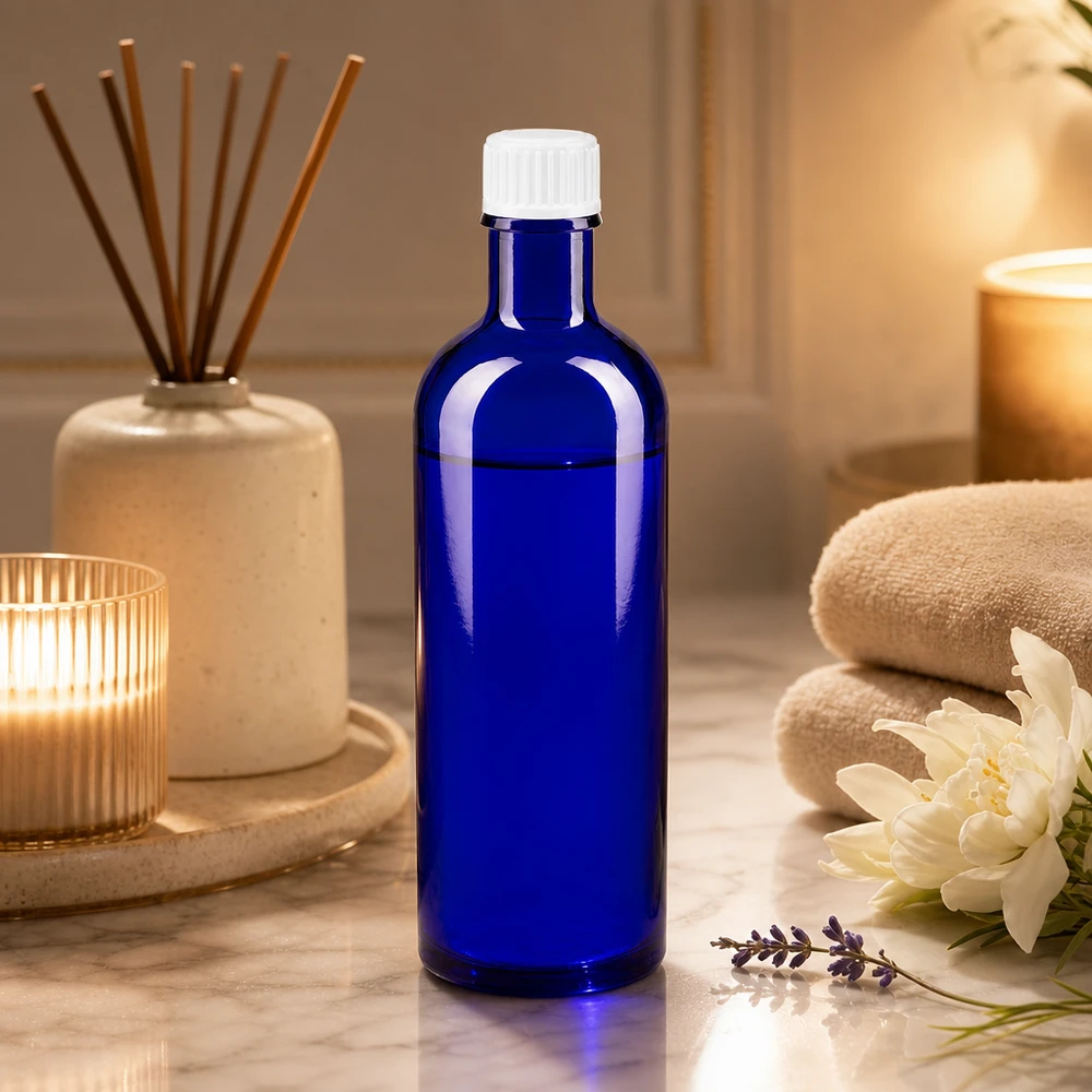 Apoteksflaske blå 200 ml skruelåg hvid pc Blå glasflaske på 200 ml med hvid originalitetslukning på marmor mellem stearinlys og blomster