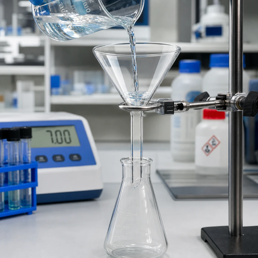 Tragt Ø 60mm sodakalk, vinkel 60°, kort model Kemikaliebestandig tragt af kalksodaglas med kompakt, kort håndtag til sikkert laboratoriearbejde