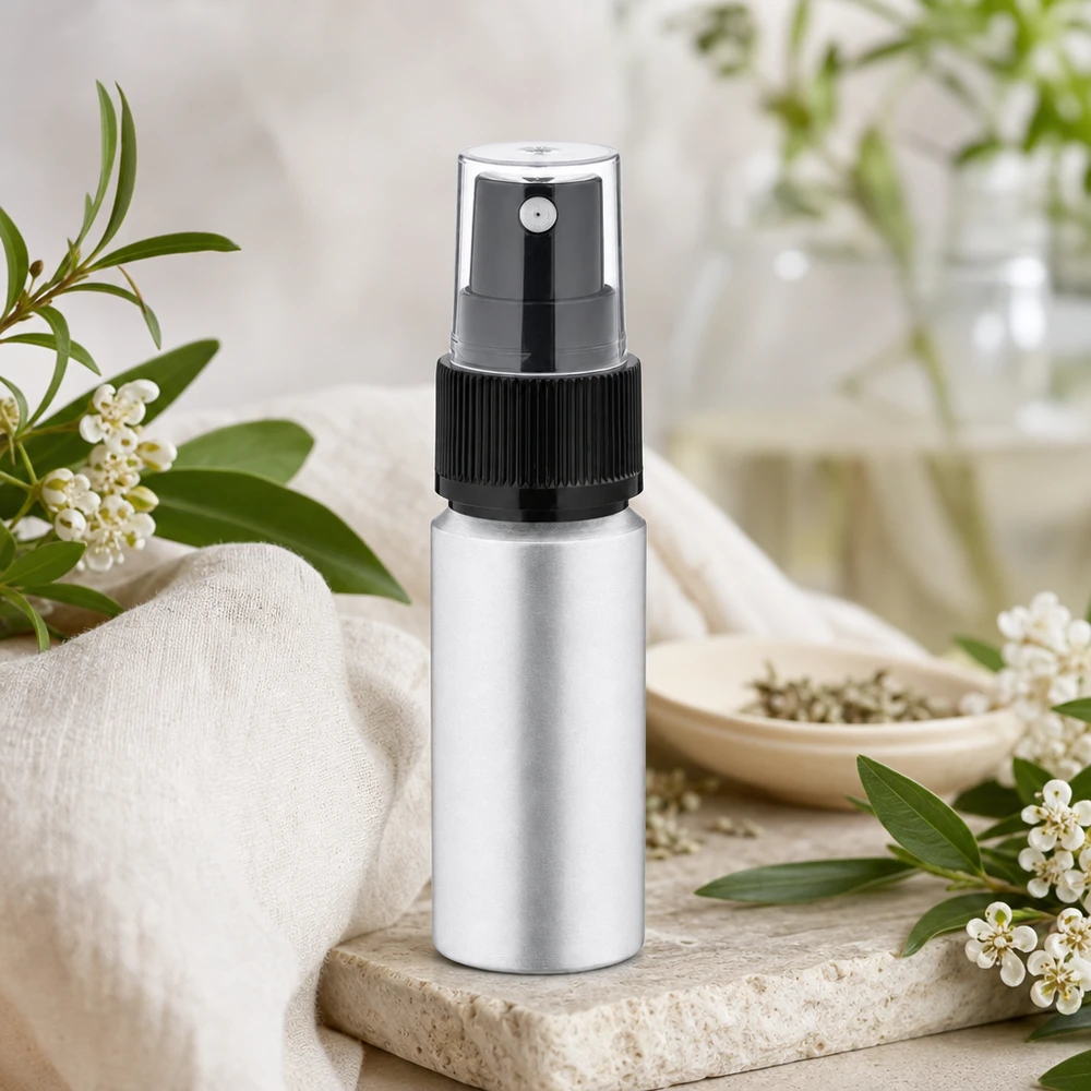 20 ml farvet aluminiumsflaske med forstøver Elegant 20 ml aluminiumsflaske med børstet overflade og forstøver til professionelle kosmetikprodukter
