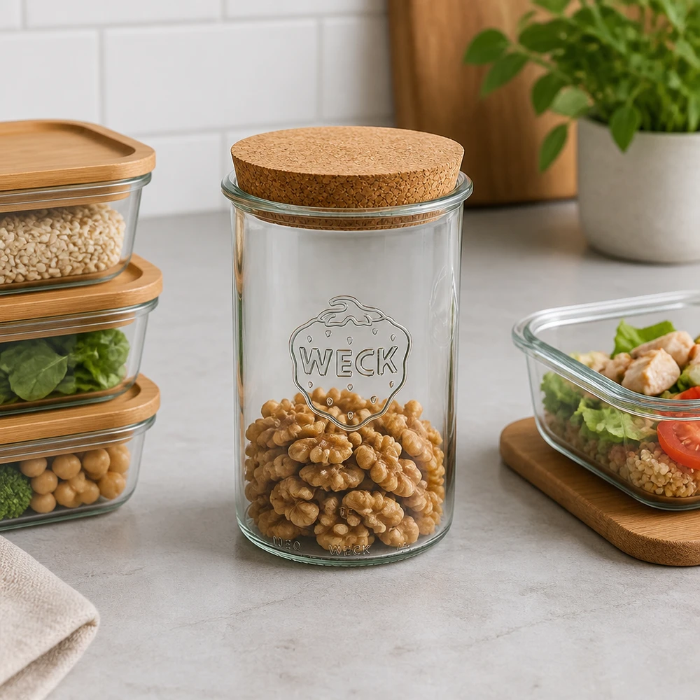 1000 ml Briller WECK RR100 med kork natur WECK Sturzglas RR100 1000ml mit Korkdeckel gefüllt mit Walnüssen moderne Küchenorganisation Vorratshaltung Lifestyle