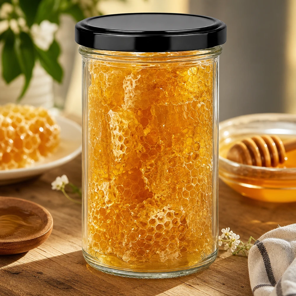 277 ml Briller med BasicSeal-låg sort UNiTWIST 277ml Sturzglas mit Honigwaben gefüllt zeigt praktische Verwendung als Vorratsglas für Naturprodukte
