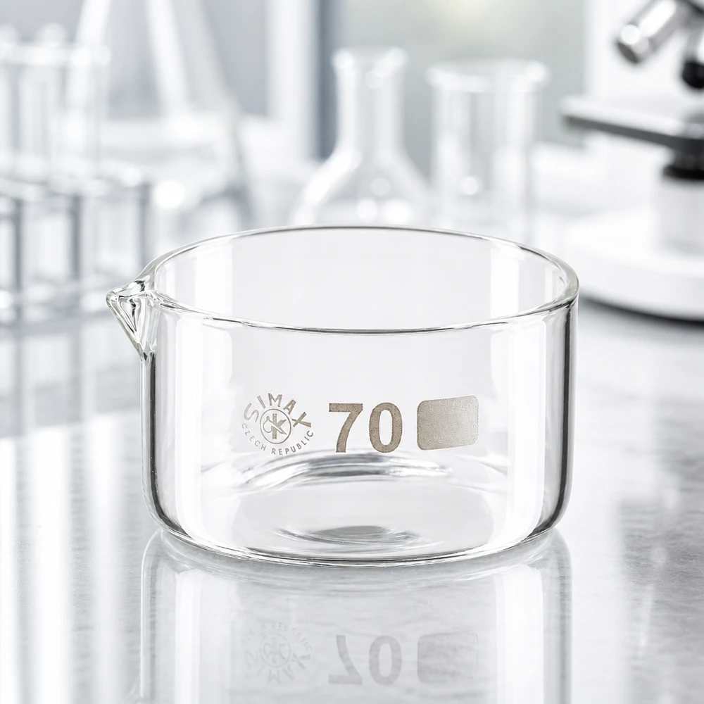 Krystalliseringsskål 100 ml med borosilikat-tud Tom Simax-krystalliseringsskål, 100 ml, flad udformning med udløb på en metaloverflade i laboratoriet