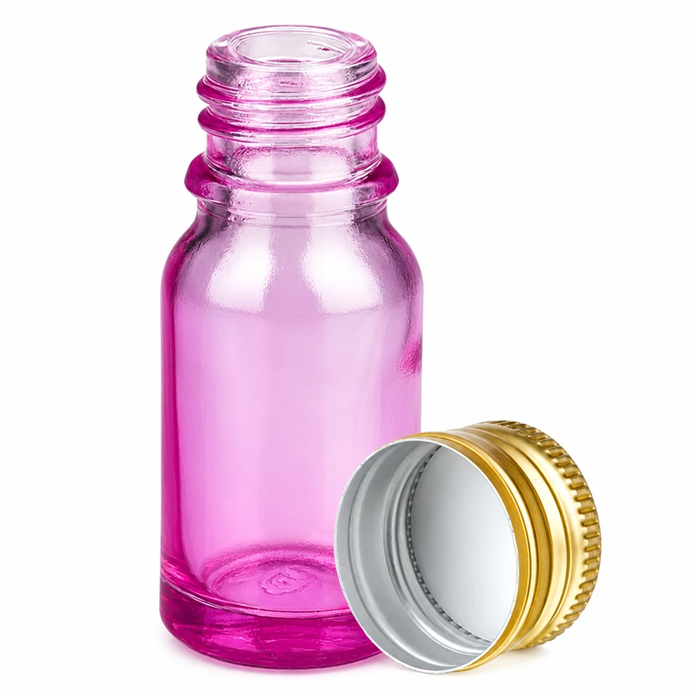 10ml flaske 11mm skruelåg aluminium guld standard PurpleLine. UT18/10 Lille lilla glasflaske 10 ml med gyldent aluminiumshætte til kosmetik og aromaterapi