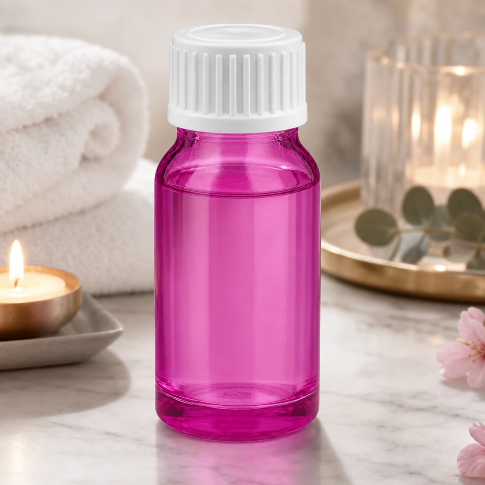 10 ml dråbeflaske 0,9 mm hvid standard PurpleLine. UT18/10 Kompakt 10 ml glasflaske i lilla med hvid dråbehætte til DIY-kosmetik og wellness