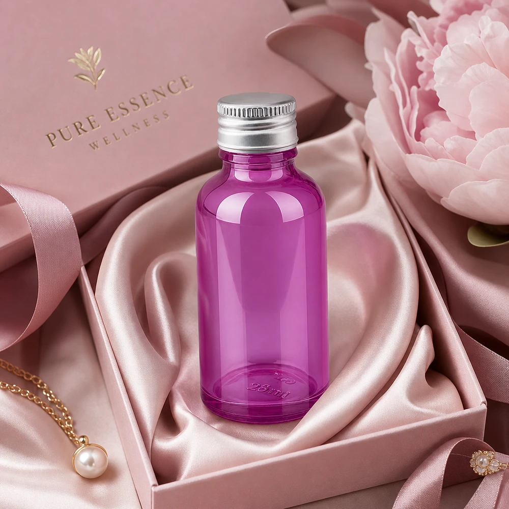 30 ml flaske 11 mm skruelåg aluminium-sølv standard PurpleLine.UT18/30 Elegant violet glasflaske 30 ml med blank overflade og premium aluminiumshætte