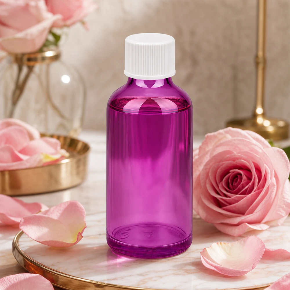 50 ml flaske 11 mm skruelåg hvid standard PurpleLine UT18/50 50 ml violet glasflaske af høj kvalitet med standardgevind til UV-beskyttelse af naturkosmetik