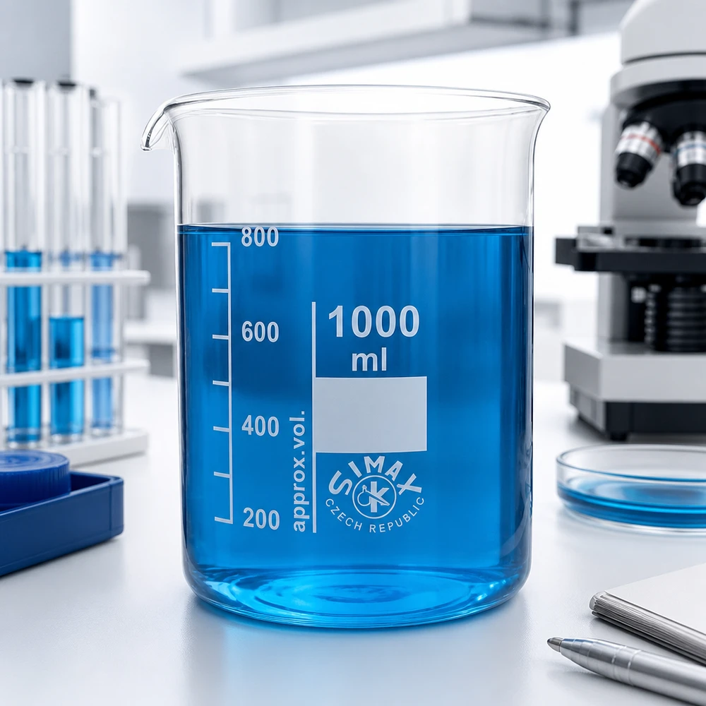 Bægerglas 1000 ml borosilikatglas, lav form Laboratoriebæger 1000 ml borosilikatglas i blå farve til kemiske eksperimenter og analyser
