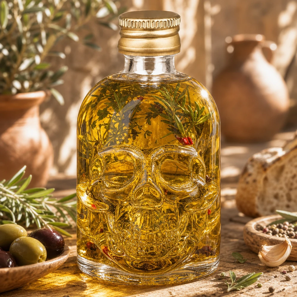 50 ml glasflaske »Hector« og skruelåg guld UNiTWIST® Glasflaske Hector 50 ml fyldt med urteolie og rosmarindekoration i middelhavsolivenolielandskab