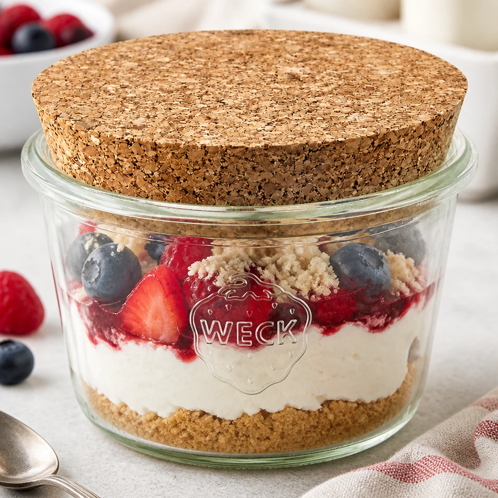 370 ml Briller WECK RR100 med kork natur WECK-glas 370 ml RR100 med kork fyldt som et lagdelt dessertglas med bær, yoghurt og krymmel